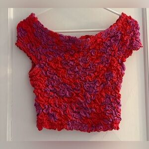Free People Dominique Red and Purple Smocked Off-The-Shoulder Top Size Medium